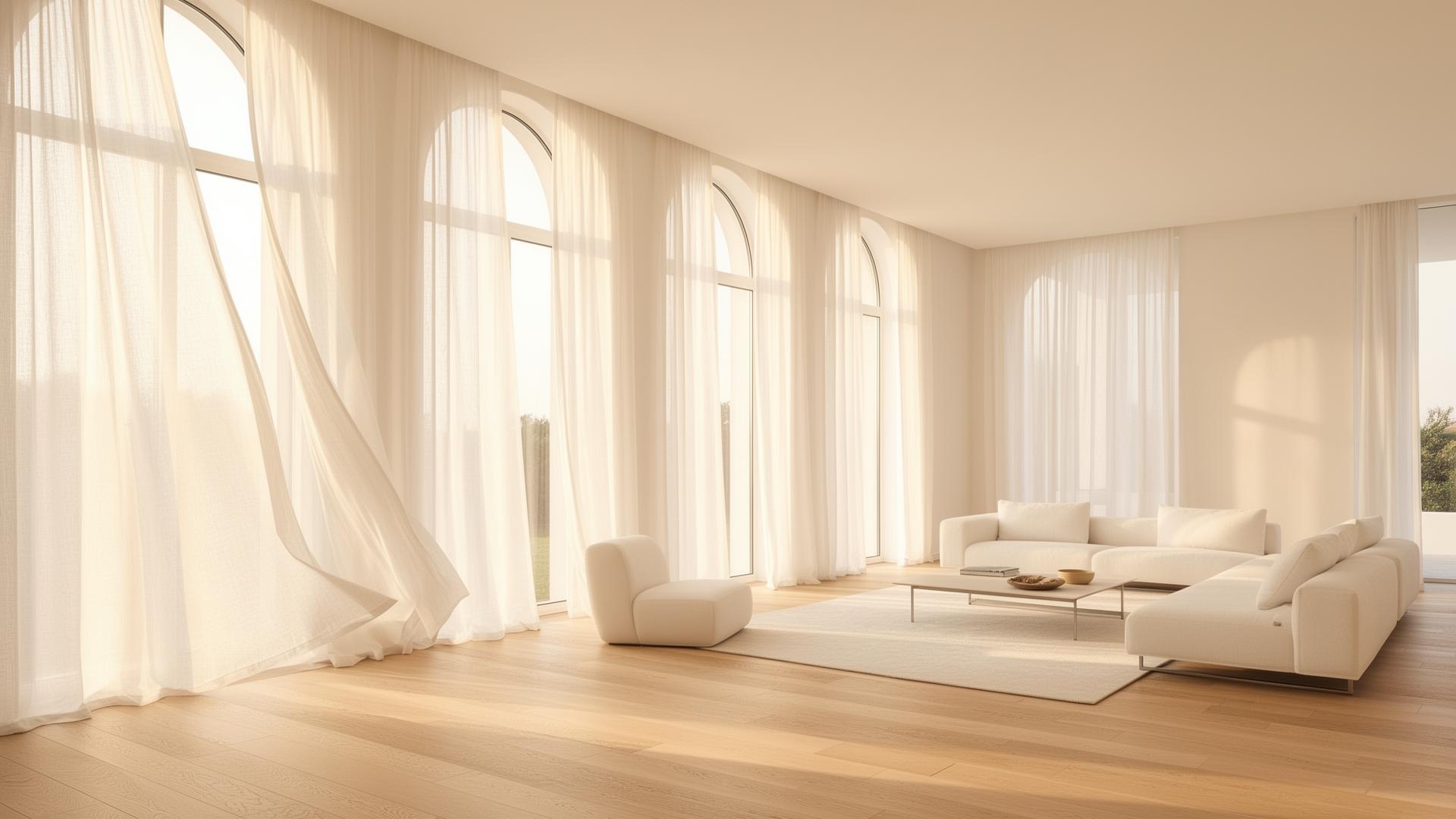 Bright airy living room with flowing sheer curtains and natural light