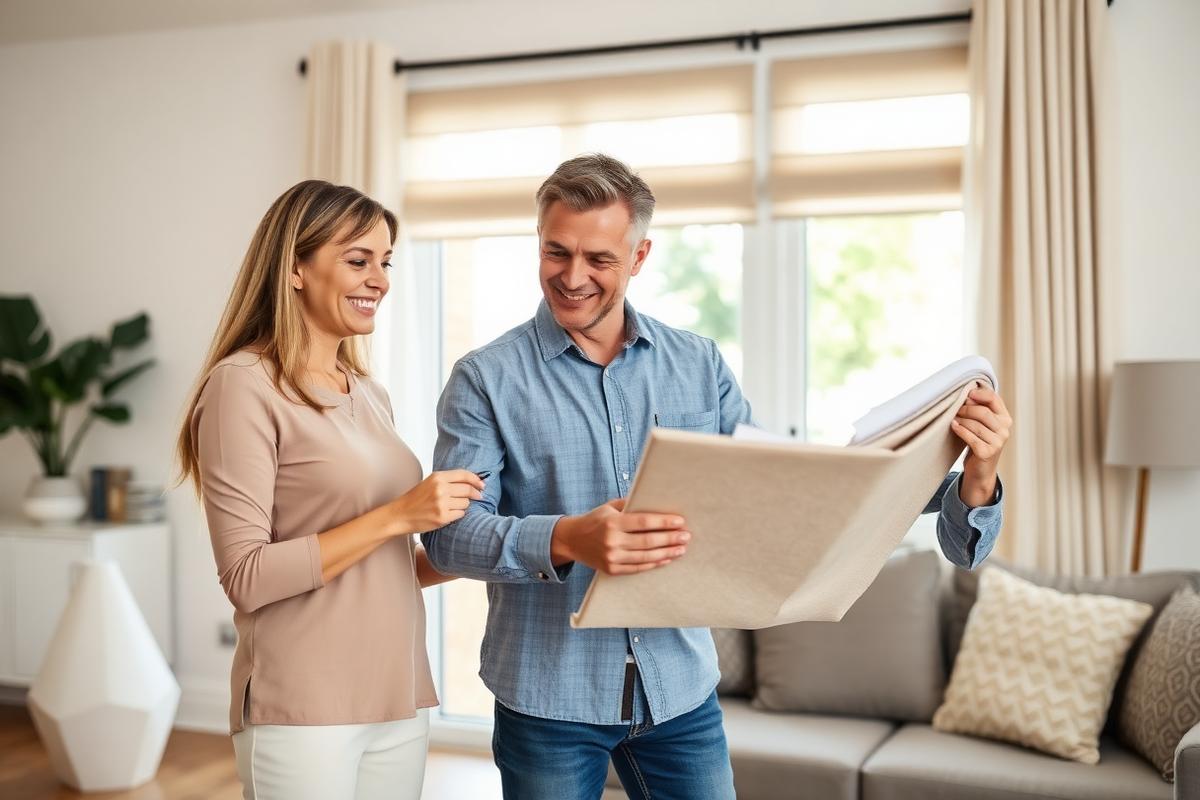 Window covering consultant showing fabric samples to homeowners
